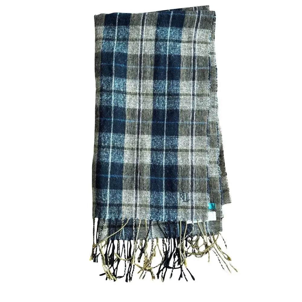 Lauren Ralph Lauren unisex scarf Mohair wool blend woven black brown plaid